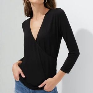 NWT WHBM Outlet Surplice 3/4 Sleeve Ruched Faux Wrap Tee White House Large Black